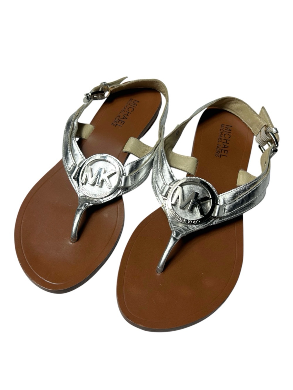 MICHAEL Michael Kors Silver Metallic Aubrey Logo Thong Sandals - Size 7.5